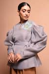 Vivek Patel Grey Organza Polyester Round Pleated Sleeve Top at Aza Fashions Vivek Patel_Grey Organza Polyester Round Pleated Sleeve Top _at_Aza_Fashions