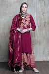 Shop_Vikram Phadnis_Maroon Slub Linen Applique Work Kurta Set_at_Aza_Fashions