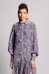 Rishi and Vibhuti_Grey Crepe Embroidery Round Printed Shirt Dress _at_Aza_Fashions