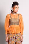 Rishi and Vibhuti_Orange Organza, Crepe, Dupion Top Round And Pant Set_Online_at_Aza_Fashions