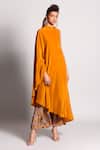 Rishi & Vibhuti_Yellow Crepe One Shoulder Kaftan And Pant Set_Online_at_Aza_Fashions