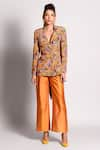 Buy_Rishi and Vibhuti_Yellow Dupion Embroidery Lapel Printed Blazer And Pant Set _at_Aza_Fashions