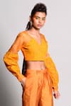 Rishi and Vibhuti_Yellow Organza Embroidery V Neck Cropped Blouse _Online_at_Aza_Fashions