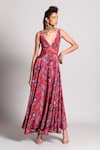 Buy_Rishi and Vibhuti_Pink Organza Embroidery V Neck Printed Maxi Dress _at_Aza_Fashions