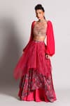 Buy_Rishi and Vibhuti_Pink Organza Embroidery Sweetheart Neck Crop Top And Layered Skirt Set _Online_at_Aza_Fashions