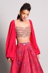 Shop_Rishi and Vibhuti_Pink Organza Embroidery Sweetheart Neck Crop Top And Layered Skirt Set _Online_at_Aza_Fashions