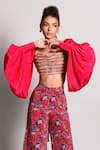 Buy_Rishi and Vibhuti_Pink Crepe Embroidery Sweetheart Neck Bishop Sleeve Crop Top _at_Aza_Fashions