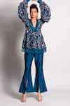 Buy_Rishi and Vibhuti_Blue Crepe, Dupion V Neck Peplum Top And Pant Set _Online_at_Aza_Fashions