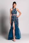 Buy_Rishi and Vibhuti_Blue Crepe Embroidery Halter Printed Wrap Sarong _at_Aza_Fashions