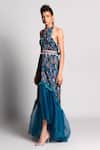 Rishi and Vibhuti_Blue Crepe Embroidery Halter Printed Wrap Sarong _Online_at_Aza_Fashions