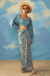 Buy_Rishi and Vibhuti_Blue Crepe And Cotton Lurex Floral Puff Sleeves Crop Top & Skirt Set _at_Aza_Fashions