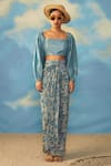 Buy_Rishi and Vibhuti_Blue Crepe And Cotton Lurex Floral Puff Sleeves Crop Top & Skirt Set _Online_at_Aza_Fashions