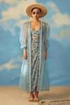 Rishi and Vibhuti_Blue Crepe And Organza Print & Embroidery Floral Puff Sleeves Cape & Skirt Set _Online_at_Aza_Fashions