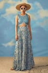 Buy_Rishi and Vibhuti_Blue Crepe And Cotton Lurex & Embroidery Floral Crop Top With Skirt _at_Aza_Fashions