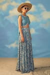 Rishi and Vibhuti_Blue Crepe And Cotton Lurex & Embroidery Floral Crop Top With Skirt _Online_at_Aza_Fashions