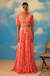 Buy_Rishi & Vibhuti_Orange Crepe Printed Tropical V Neck Crop Top And Skirt Set For Women_at_Aza_Fashions