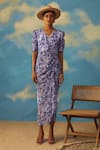 Buy_Rishi and Vibhuti_Purple Crepe Tropical Print Draped Dress _at_Aza_Fashions