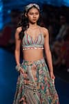 Shop_Rishi and Vibhuti_Blue Crepe And Embroidery Floral Halter Neck Crop Top & Skirt _at_Aza_Fashions