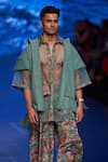 Shop_Rishi And Vibhuti_Blue Organza And Crepe Floral Print Sheer Shirt & Pant Set _at_Aza_Fashions