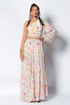 Buy_Rishi and Vibhuti_Ivory Crepe Beads And Sequin, Floral Motifs One Shoulder Print Gown With Belt _at_Aza_Fashions