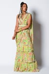 Buy_Rishi and Vibhuti_Green Crepe And Dupion Print & Embellishment Floral Pre-draped Saree With Blouse _at_Aza_Fashions