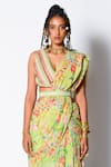 Rishi and Vibhuti_Green Crepe And Dupion Print & Embellishment Floral Pre-draped Saree With Blouse _Online_at_Aza_Fashions