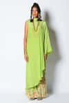 Rishi and Vibhuti_Green Crepe Floral High One Shoulder Kaftan And Gharara _Online_at_Aza_Fashions