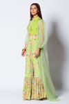 Rishi and Vibhuti_Green Crepe And Organza Floral High Sheer Cape & Gharara Set _Online_at_Aza_Fashions