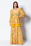 Buy_Rishi and Vibhuti_Yellow Crepe Print And Embellishment Shell Marigold Peplum Tunic & Flared Pant Set _at_Aza_Fashions