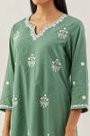 Buy_Ikshita Choudhary_Green Cotton Embroidery Floral Notched Kurta And Pant Set_Online_at_Aza_Fashions