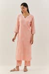 Buy_Ikshita Choudhary_Peach Cotton Embroidery Floral Notched Kurta And Pant Set _at_Aza_Fashions