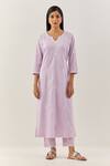 Buy_Ikshita Choudhary_Purple Cotton Embroidery Floral Notched Kurta And Pant Set_at_Aza_Fashions