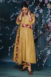 Label Niti Bothra_Yellow Chanderi Silk Printed Floral V Neck Kurta Palazzo Set _Online_at_Aza_Fashions