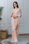 Buy_Varun Chakkilam_Peach Satin Square Neck Hand Embroidered Saree  _at_Aza_Fashions