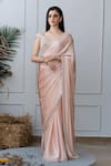 Shop_Varun Chakkilam_Peach Satin Square Neck Hand Embroidered Saree  _at_Aza_Fashions