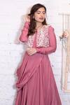 Shop_Vasavi Shah_Pink Russian Silk Embroidered Pearl Pre Draped Anarkali Jacket Set  _at_Aza_Fashions
