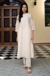 Buy_Vaayu_White Muslin Cotton Applique Floral Motifs Crew Kurta With Pant Set  _at_Aza_Fashions