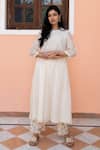 Vaayu_White Muslin Cotton Applique Floral Motifs Crew Kurta With Pant Set  _Online_at_Aza_Fashions