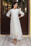 Vaayu White Muslin Cotton Floral Motifs Crew Neck Bishop Sleeves Kurta Online at Aza Fashions Vaayu_White Muslin Cotton Floral Motifs Crew Neck Bishop Sleeves Kurta _Online_at_Aza_Fashions