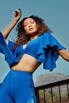 Buy_Babita Malkani_Blue Italian Crepe V Neck Draped Crop Top And Pant Set _Online_at_Aza_Fashions