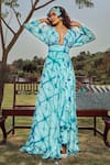 Babita Malkani_Blue Silk V Neck Tie Dye Maxi Dress _Online_at_Aza_Fashions