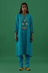 Shop_5elements_Blue Pleated Polyester Mix Embellishment Brooch Notched Tunic _Online_at_Aza_Fashions