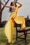 Shop_Babita Malkani_Yellow Net, Flat Chiffon, Italian Crepe Round Draped Embellished Jumpsuit _at_Aza_Fashions