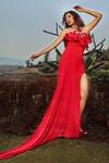 Shop_Babita Malkani_Red Organza, , Italian Asymmetric Slit Draped Ruffle Gown_at_Aza_Fashions