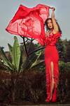 Buy_Babita Malkani_Red Organza, , Italian Asymmetric Slit Draped Ruffle Gown_Online_at_Aza_Fashions