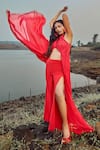 Buy_Babita Malkani_Red Flat Chiffon Halter Draped Crop Top And Pant Set _at_Aza_Fashions