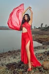 Shop_Babita Malkani_Red Flat Chiffon Halter Draped Crop Top And Pant Set _at_Aza_Fashions