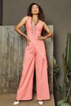 Buy_Babita Malkani_Peach Italian Crepe V Neck Draped Jumpsuit _at_Aza_Fashions