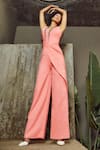 Shop_Babita Malkani_Peach Italian Crepe V Neck Draped Jumpsuit _at_Aza_Fashions