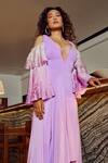 Buy_Babita Malkani_Purple Organza, Net, , Italian V Neck Cold Shoulder Draped Jumpsuit_Online_at_Aza_Fashions
